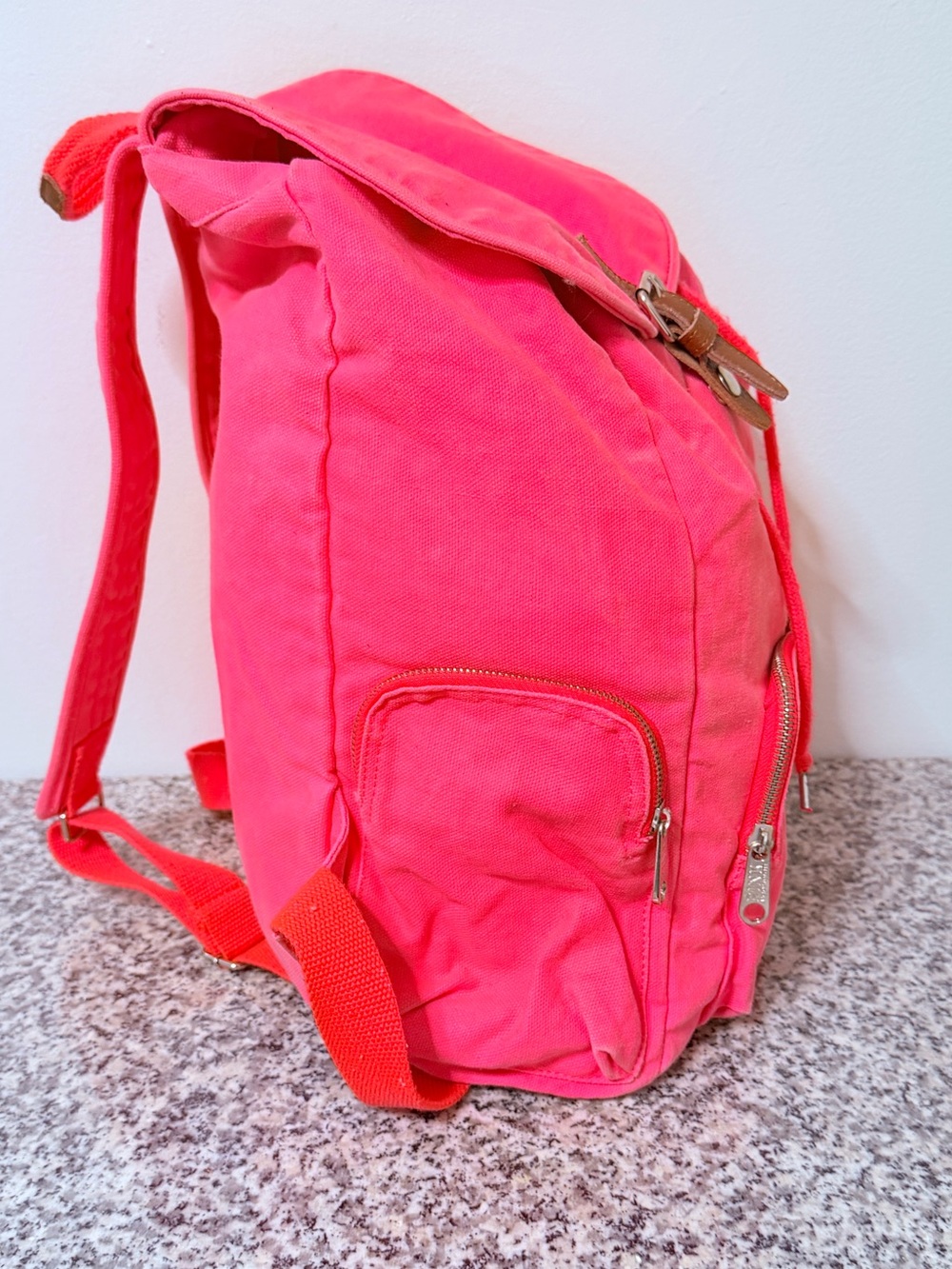 PINK Victoria's Secret Neon Pink Canvas Drawstring Backpack with Buckle Accent - Picture 7 of 11